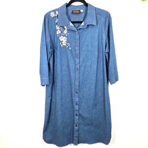 Bob Mackie Wearable Art Dress Shirt Button Chambray Denim Embroidered Dogwood